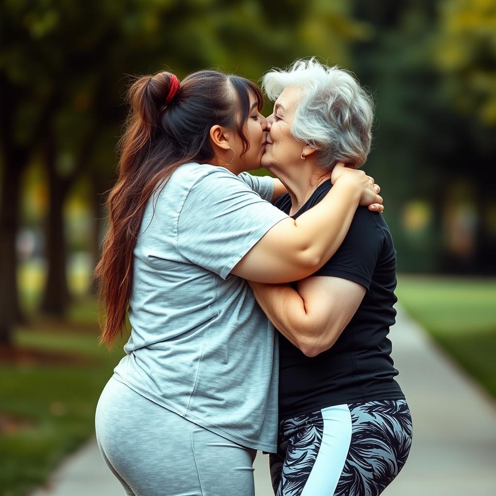 A romantic scene featuring an 18-year-old bodacious and chubby girl passionately kissing her cougar girlfriend in her 50s, who has a fit body and is dressed in a stylish sporty outfit