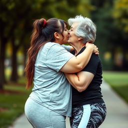 A romantic scene featuring an 18-year-old bodacious and chubby girl passionately kissing her cougar girlfriend in her 50s, who has a fit body and is dressed in a stylish sporty outfit