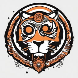 This is a high-quality, digital art of a simple tattoo design in black, white, and orange that merges the iconic imagery of the Grateful Dead with a stylized tiger