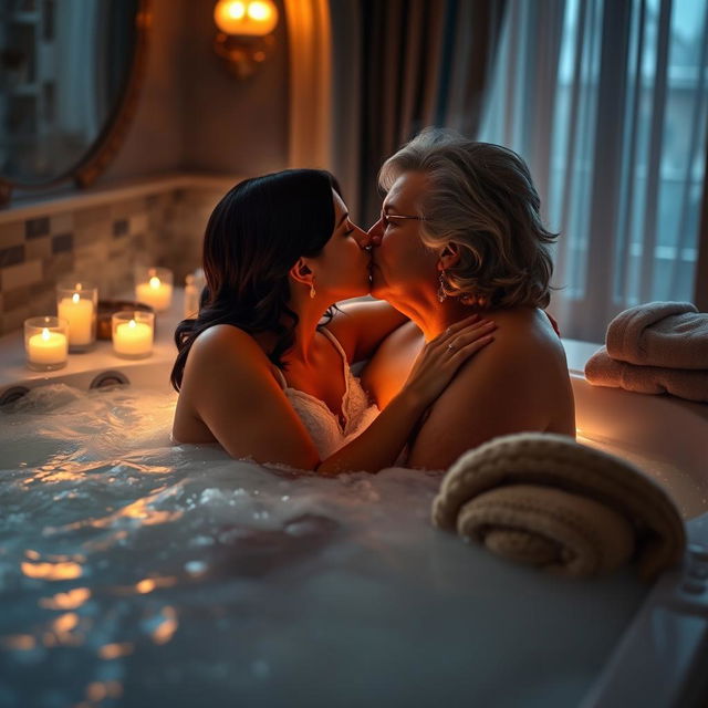 A romantic scene in a luxurious hot tub at a high-end hotel, featuring an 18-year-old bodacious and chubby girl passionately kissing her cougar girlfriend in her 50s, who has a fit body