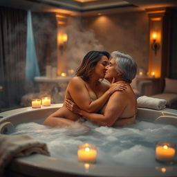 A romantic scene in a luxurious hot tub at a high-end hotel, featuring an 18-year-old bodacious and chubby girl passionately kissing her cougar girlfriend in her 50s, who has a fit body