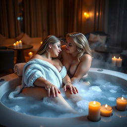 An intimate and sensual scene set in a luxurious hot tub at a high-end hotel, featuring an 18-year-old bodacious and chubby girl exploring a passionate connection with her cougar girlfriend in her 50s, who has a fit body