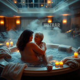 An intimate and sensual scene set in a luxurious hot tub at a high-end hotel, featuring an 18-year-old bodacious and chubby girl exploring a passionate connection with her cougar girlfriend in her 50s, who has a fit body