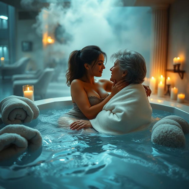 An intimate and sensual scene set in a luxurious hot tub at a high-end hotel, featuring an 18-year-old bodacious and chubby girl exploring a passionate connection with her cougar girlfriend in her 50s, who has a fit body