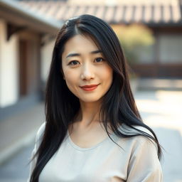 A full-body portrait of a 45-year-old woman with pale skin and long black hair, presenting her natural beauty with an ordinary, makeup-free face