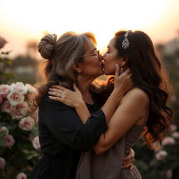 An Arab woman in her 50s with a curvy and firm body embraces her younger Arab girlfriend in her 20s, passionately kissing under a soft, warm sunset