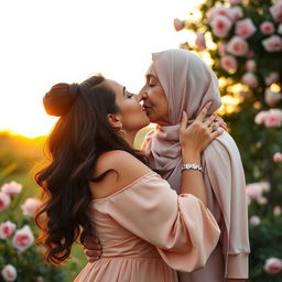 An Arab woman in her 50s with a curvy and firm body embraces her younger Arab girlfriend in her 20s, passionately kissing under a soft, warm sunset