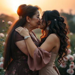 An Arab woman in her 50s with a curvy and firm body embraces her younger Arab girlfriend in her 20s, passionately kissing under a soft, warm sunset