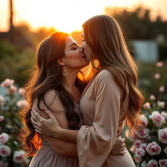 An Arab woman in her 50s with a curvy and firm body embraces her younger Arab girlfriend in her 20s, passionately kissing under a soft, warm sunset