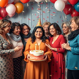 A chubby Arab girl in her 18s is celebrating her birthday surrounded by a group of confident, mature women