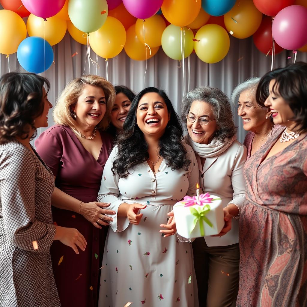 A chubby Arab girl in her 18s is celebrating her birthday surrounded by a group of confident, mature women