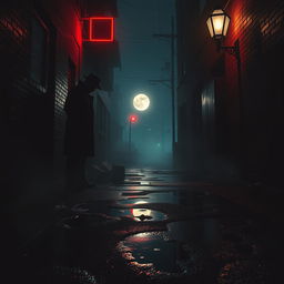 A dark, atmospheric crime scene depicting a mysterious murder mystery