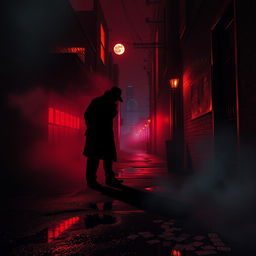 A dark, atmospheric crime scene depicting a mysterious murder mystery