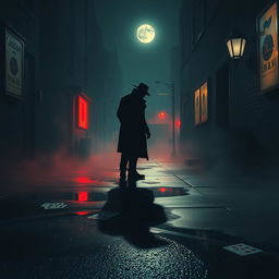 A dark, atmospheric crime scene depicting a mysterious murder mystery