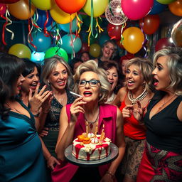 An Israeli woman in her 50s, confidently smoking a cigarette, celebrates her birthday amidst a lively gathering of provocative mature women