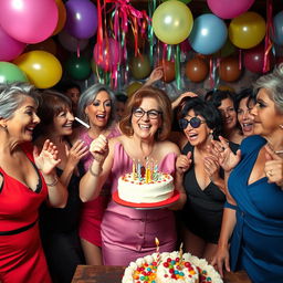 An Israeli woman in her 50s, confidently smoking a cigarette, celebrates her birthday amidst a lively gathering of provocative mature women