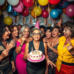 An Israeli woman in her 50s, confidently smoking a cigarette, celebrates her birthday amidst a lively gathering of provocative mature women