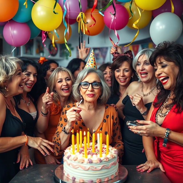 An Israeli woman in her 50s, confidently smoking a cigarette, celebrates her birthday amidst a lively gathering of provocative mature women