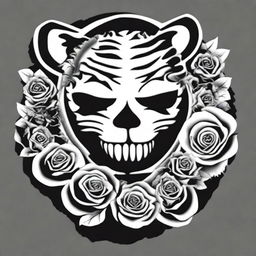 This is a high-quality, digital art of a simple, black and white tattoo design that combines the iconic imagery of the Grateful Dead with a stylized tiger