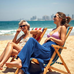 An Israeli woman in her 50s, confident and relaxed, is lounging in a deckchair on a sunny Tel Aviv beach, enjoying the beautiful view of the ocean