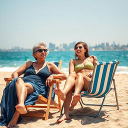 An Israeli woman in her 50s, confident and relaxed, is lounging in a deckchair on a sunny Tel Aviv beach, enjoying the beautiful view of the ocean