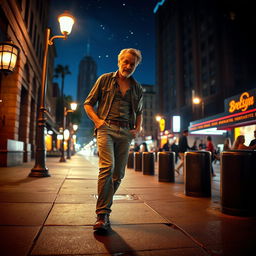 A drunk man stumbling through a dimly lit urban street at night