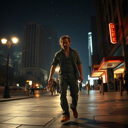 A drunk man stumbling through a dimly lit urban street at night