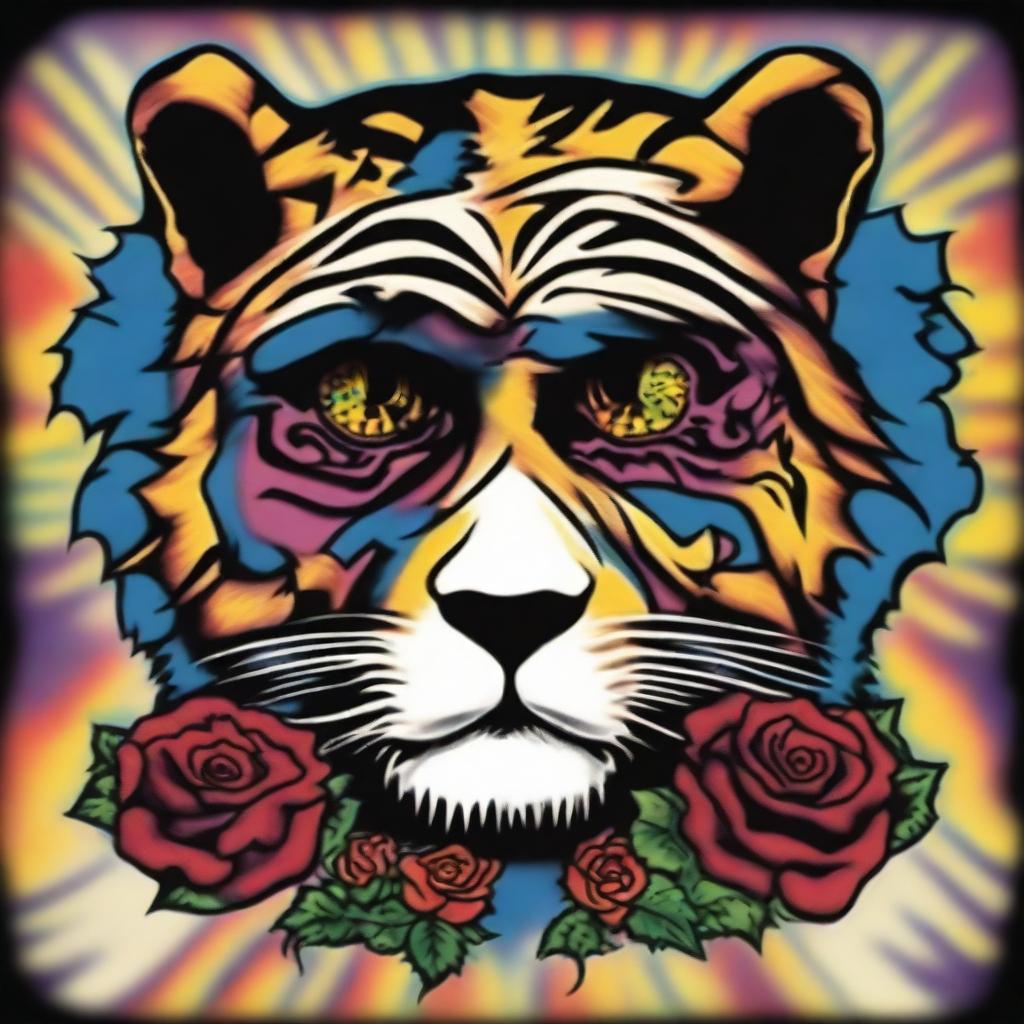 This is a high-quality, digital art of a vibrant tattoo design that combines the iconic imagery of the Grateful Dead with a majestic, psychedelic tiger