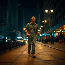 A drunk man stumbling through a dimly lit urban street at night