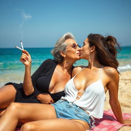 An Israeli woman in her 50s, embodying the confident "cougar" persona, is lounging on a sun-kissed Tel Aviv beach