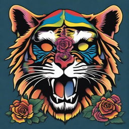 This is a high-quality, digital art of a vibrant tattoo design that combines the iconic imagery of the Grateful Dead with a majestic, psychedelic tiger