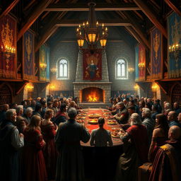 A grand medieval hall filled with nobles gathered together
