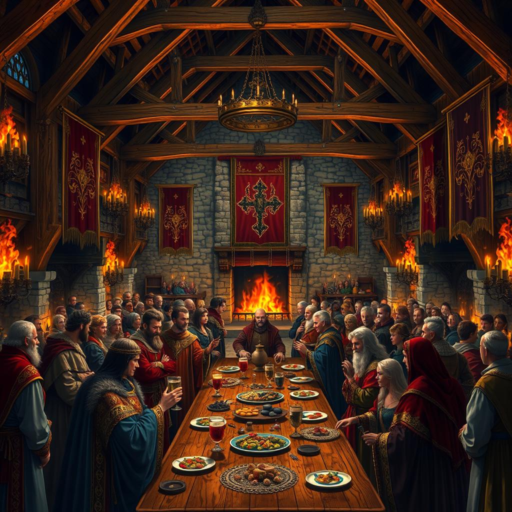 A grand medieval hall filled with nobles gathered together