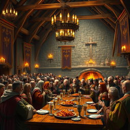 A grand medieval hall filled with nobles gathered together