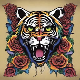 This is a high-quality, digital art of a vibrant tattoo design that combines the iconic imagery of the Grateful Dead with a majestic, psychedelic tiger