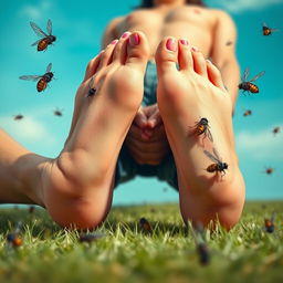 A surreal and humorous scene featuring a woman's feet playfully holding a man's testicles, surrounded by buzzing flies