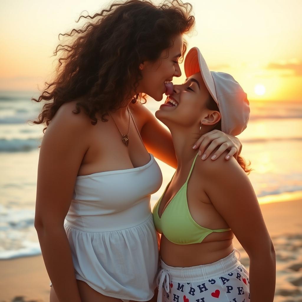 A passionate moment between an 18-year-old Israeli girl with curly hair and a chubby figure, sharing a heartfelt tongue kiss with her Palestinian girlfriend at a beautiful beachside