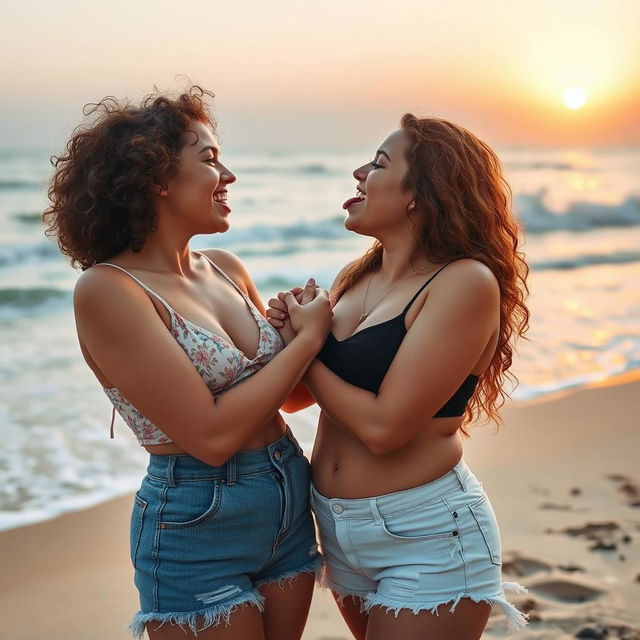 A passionate moment between an 18-year-old Israeli girl with curly hair and a chubby figure, sharing a heartfelt tongue kiss with her Palestinian girlfriend at a beautiful beachside