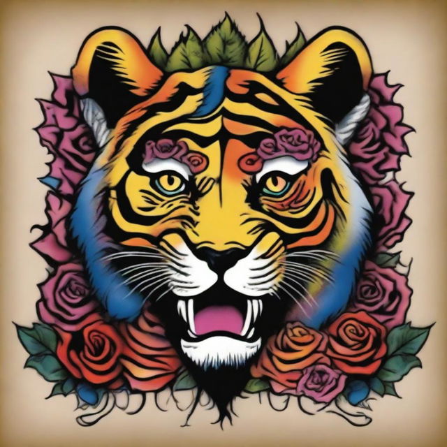 This is a high-quality, digital art of a vibrant tattoo design that combines the iconic imagery of the Grateful Dead with a majestic, psychedelic tiger