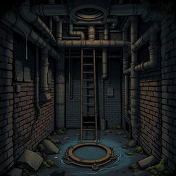 An intricate illustration of a cesspit or underground sewer system, showcasing detailed pipes, chambers, and ventilation shafts