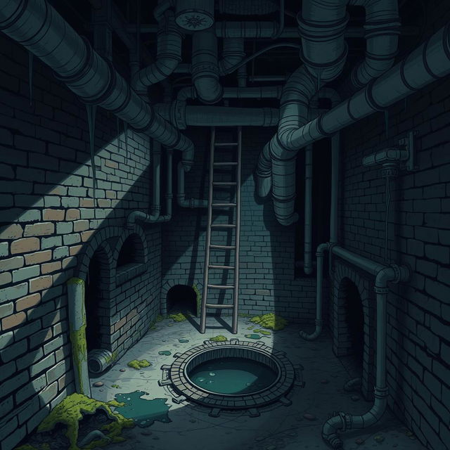 An intricate illustration of a cesspit or underground sewer system, showcasing detailed pipes, chambers, and ventilation shafts