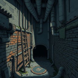 An intricate illustration of a cesspit or underground sewer system, showcasing detailed pipes, chambers, and ventilation shafts