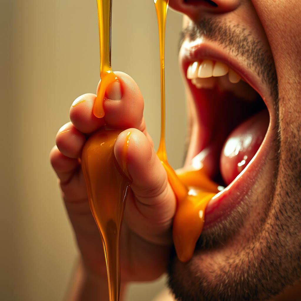 A realistic and surreal image of a woman's feet delicately positioned inside a man's open mouth, with honey dripping down from the feet, creating a sticky and intriguing visual