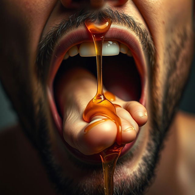 A realistic and surreal image of a woman's feet delicately positioned inside a man's open mouth, with honey dripping down from the feet, creating a sticky and intriguing visual