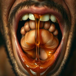 A realistic and surreal image of a woman's feet delicately positioned inside a man's open mouth, with honey dripping down from the feet, creating a sticky and intriguing visual