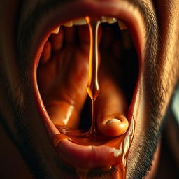 A realistic and surreal image of a woman's feet delicately positioned inside a man's open mouth, with honey dripping down from the feet, creating a sticky and intriguing visual