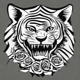 This is a high-quality, digital art of a simple, black and white tattoo design that combines the iconic imagery of the Grateful Dead with a stylized tiger