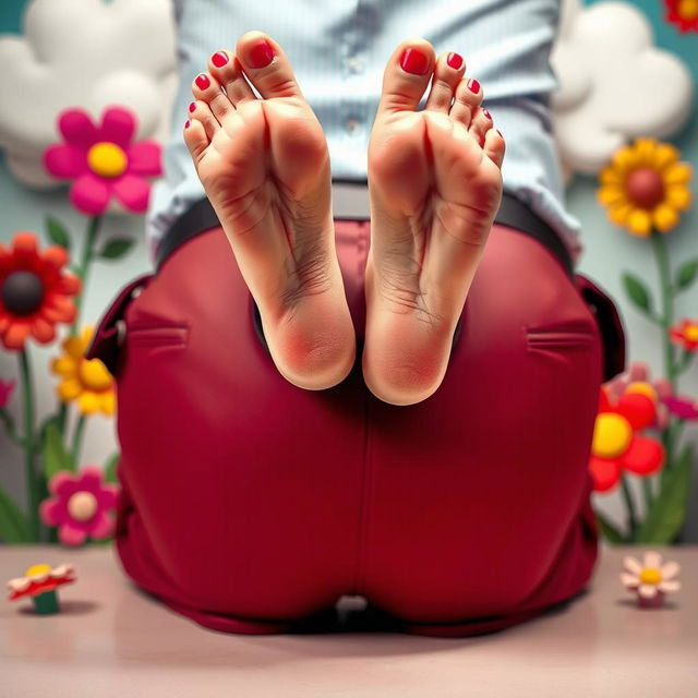 A surreal and humorous depiction of a woman's feet playfully sticking out of a man's large posterior, set against a whimsical background