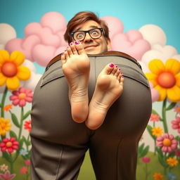 A surreal and humorous depiction of a woman's feet playfully sticking out of a man's large posterior, set against a whimsical background