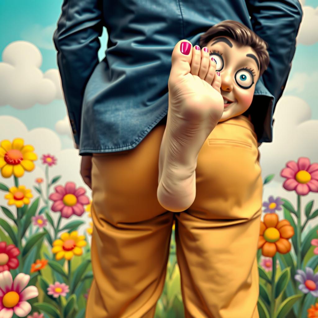 A surreal and humorous depiction of a woman's feet playfully sticking out of a man's large posterior, set against a whimsical background